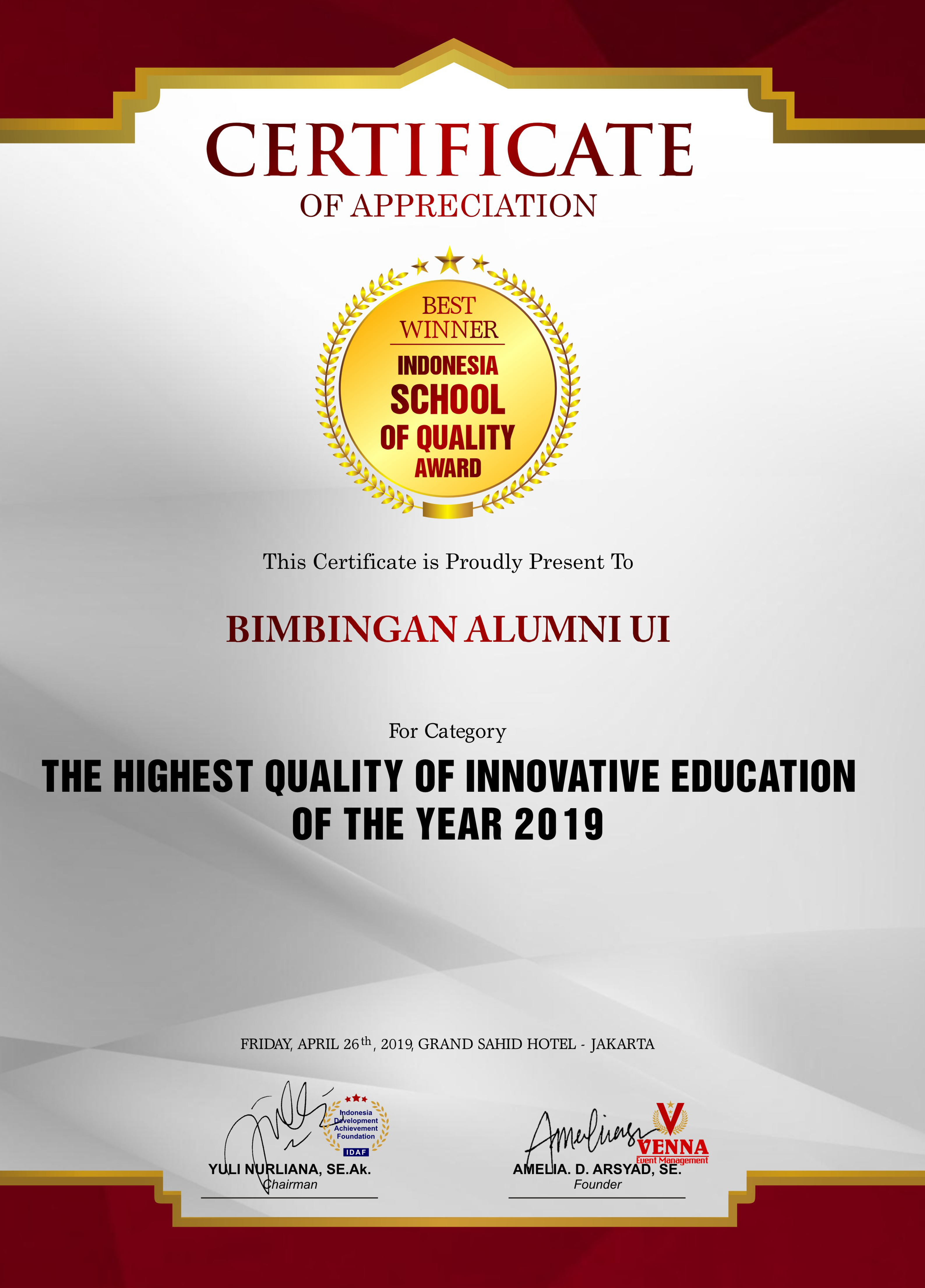 Best Winner Indonesia School Of Quality Award
